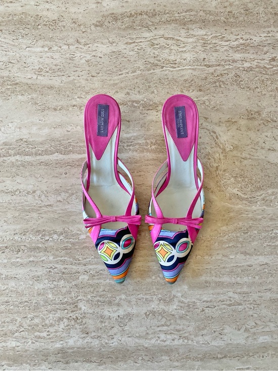 Emilio Pucci Shoes - Vintage Emilio Pucci Abstract Print Bow Mule Heels